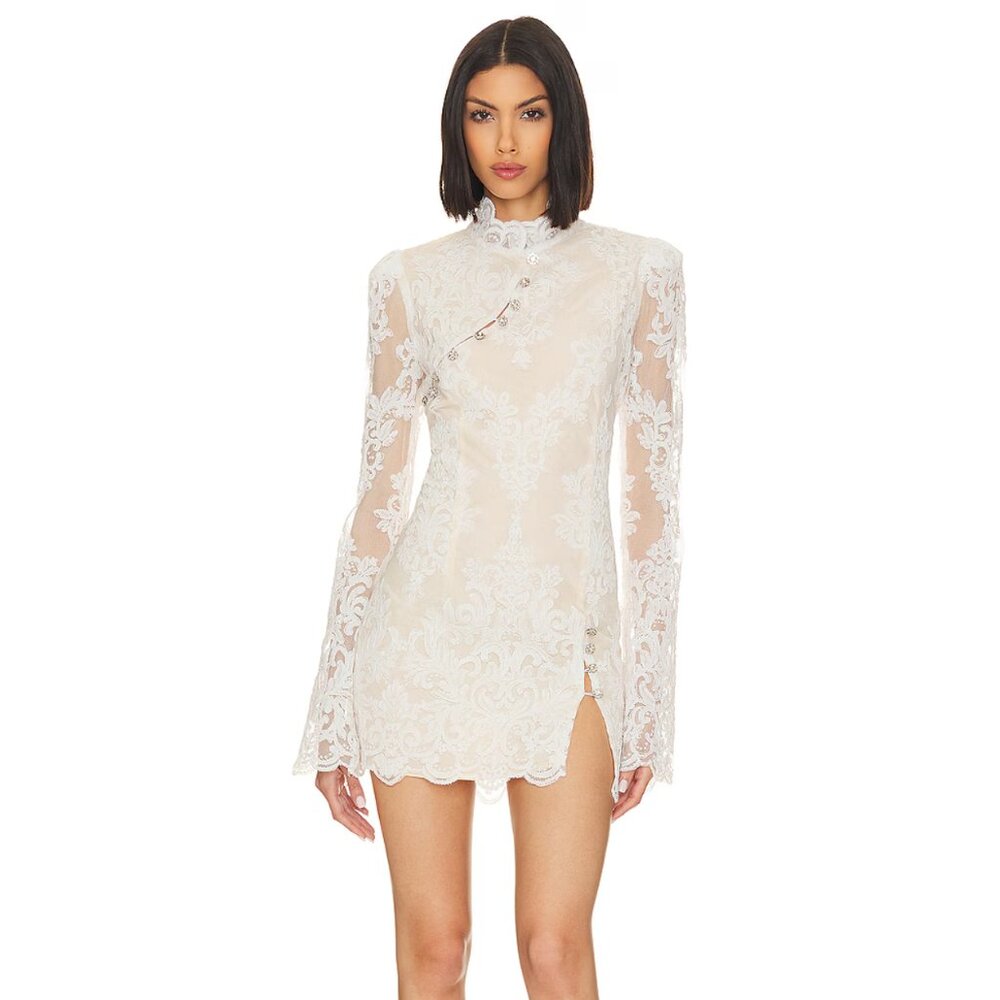 NEW Stone Cold Fox x REVOLVE Allure Mini Dress in White Lace Long Sleeve Bridal